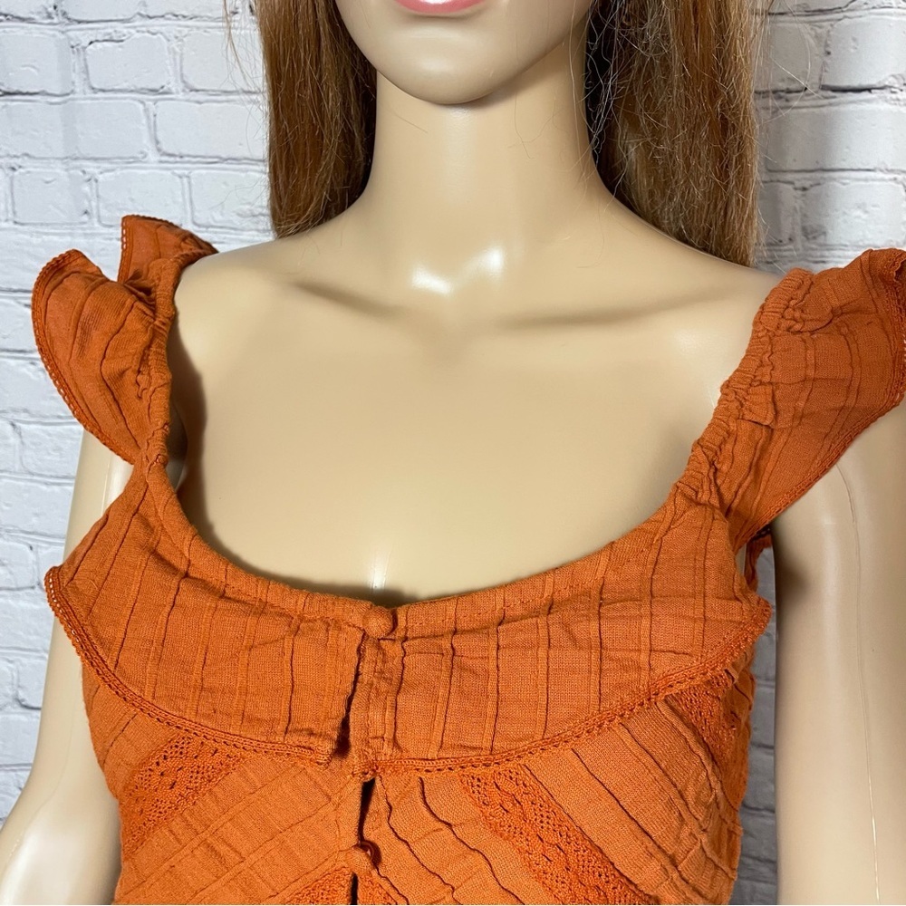 Free People Rust Orange Riviera Ruffled Square-Neck Button Front Crop Top - Picture 3 of 9